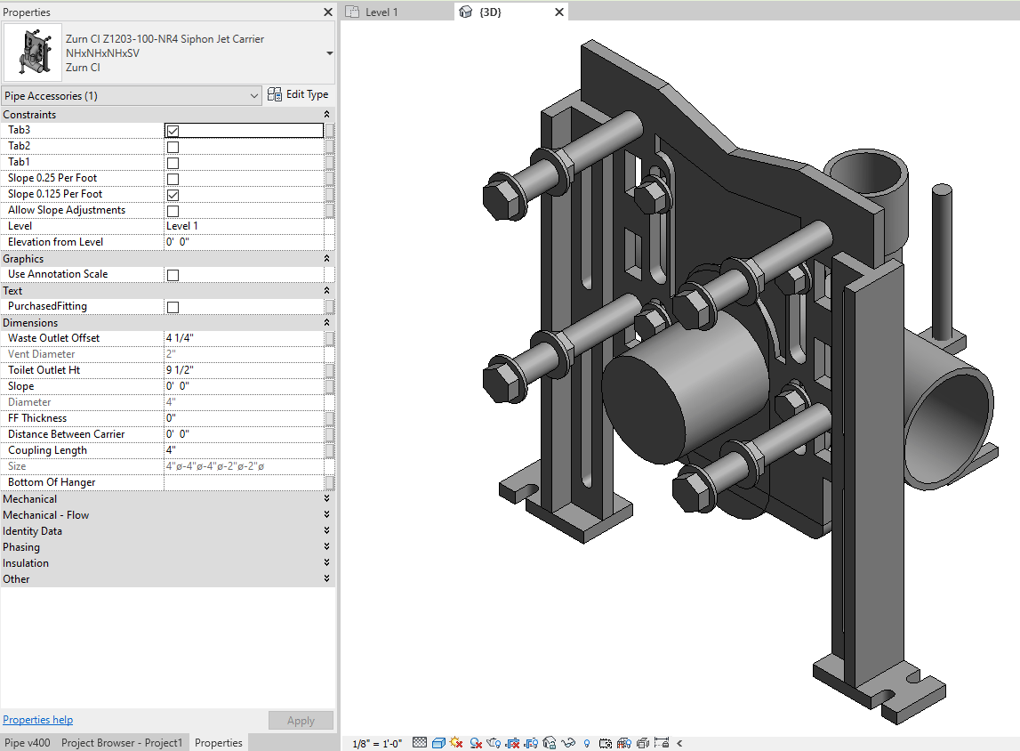 The Revit family (.rfa) representation of Zurn Siphon Jet Carrier Assembly created by the Trimble content team.