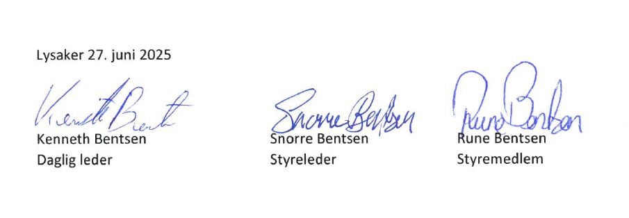 Signatures of Kenneth, Snorre, and Rune Bentsen on document dated Lysaker 27.06.2025.