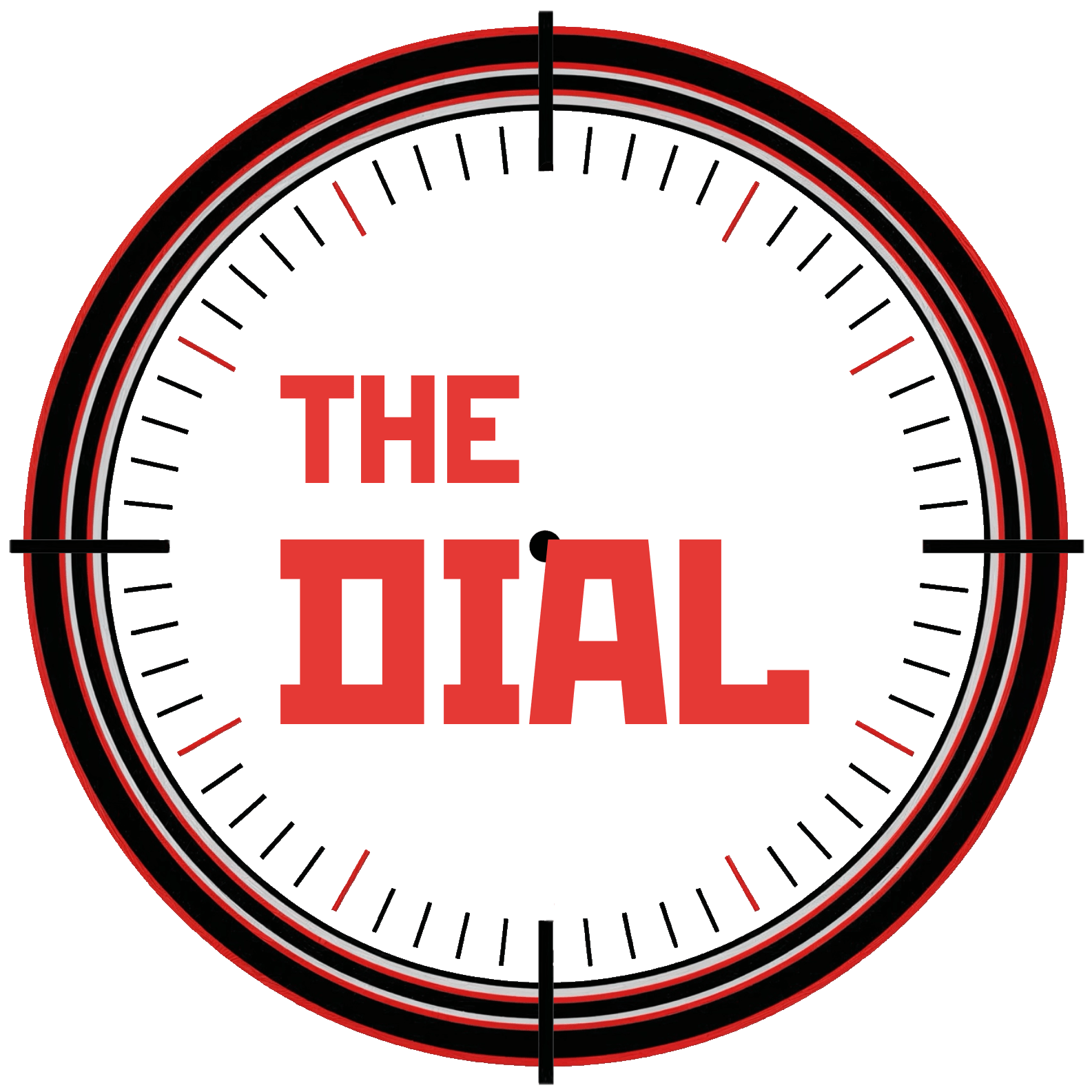 Red 'THE DIAL' logo on black, encircled by a target-like dial with red/white rings and tick marks.