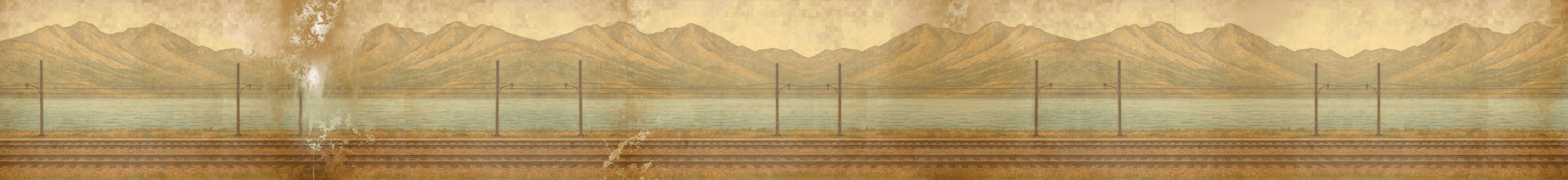 A vintage, faded landscape featuring railway tracks, a lake, mountains, and utility poles.