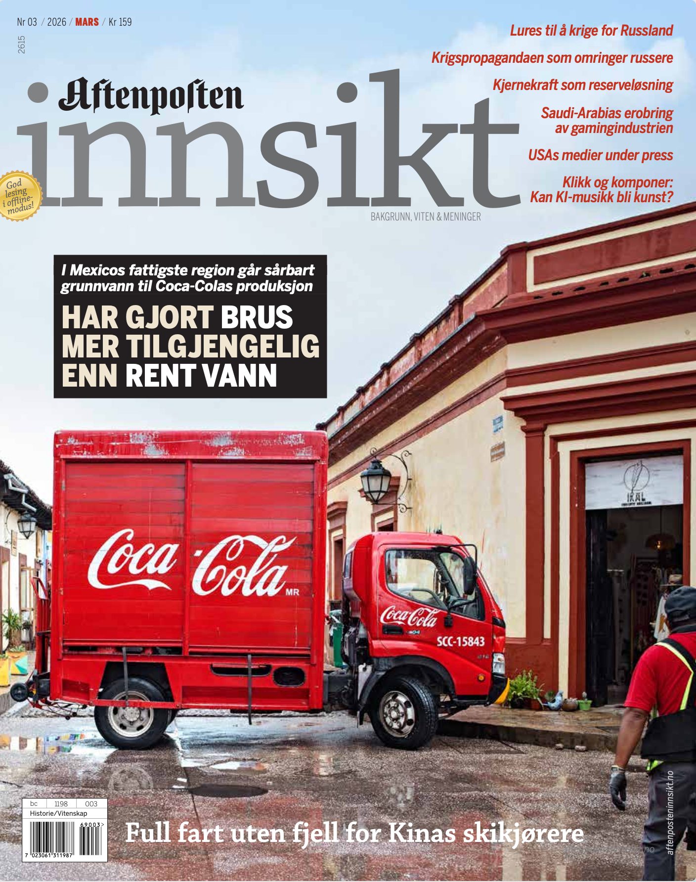 Aftenposten Innsikt cover with Coca-Cola trucks and a headline about water access in Mexico.