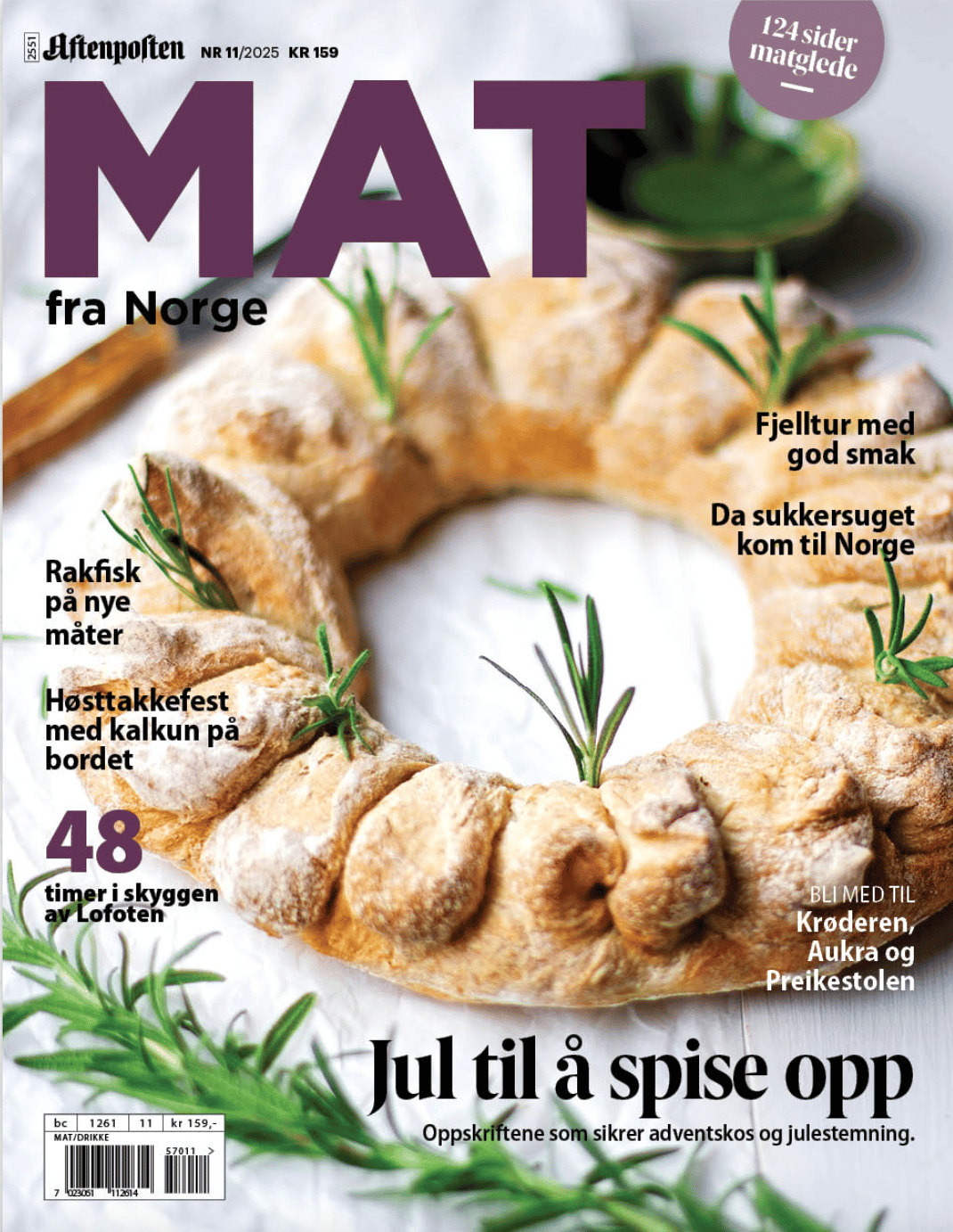 Aftenposten MAT fra Norge magazine cover with a bread wreath, rosemary, and various headlines.