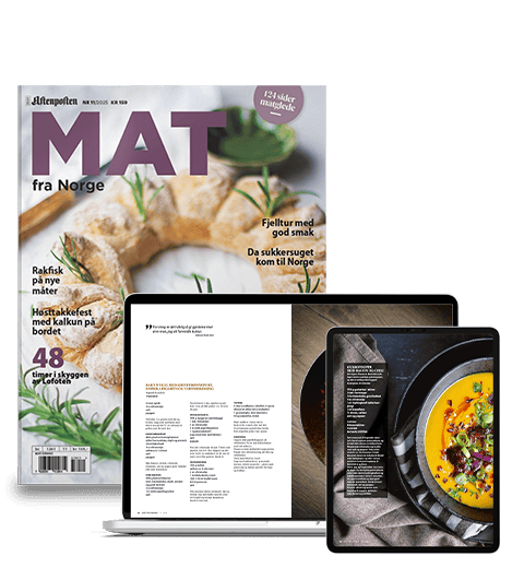 Aftenposten MAT fra Norge magazine, with digital recipe pages on a laptop and tablet.