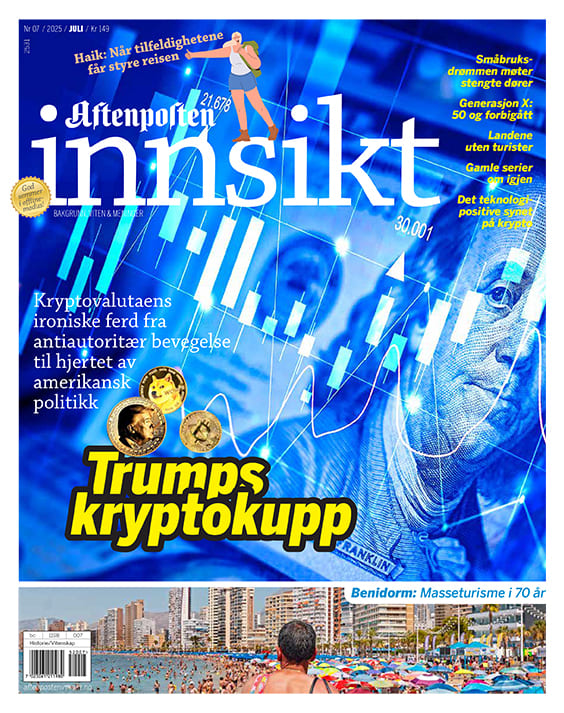 Aftenposten Innsikt cover: 'Trumps kryptokupp' on dollar background with charts & crypto coins.