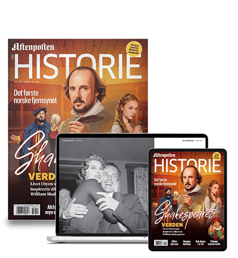 Aftenposten HISTORIE magazine cover about Shakespeare, shown on print, laptop, and tablet.
