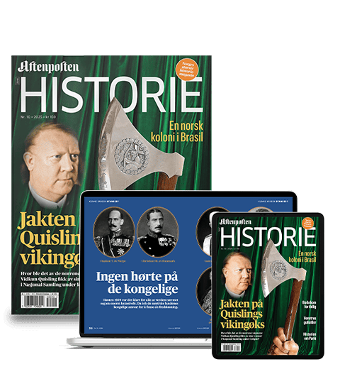 Aftenposten HISTORIE magazine cover with Quisling, a Viking axe, and digital versions on screens.