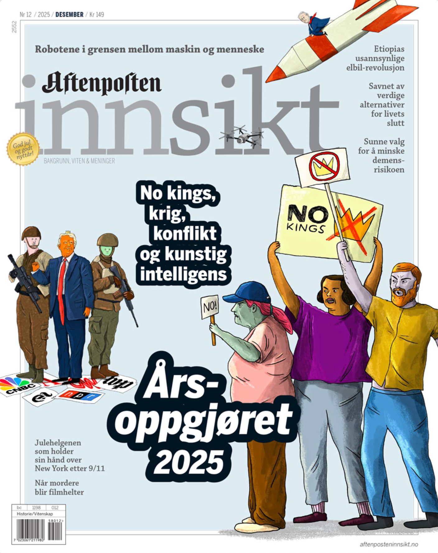 Aftenposten Innsikt cover: Års-oppgjøret 2025, with political figures, protests, and AI themes.