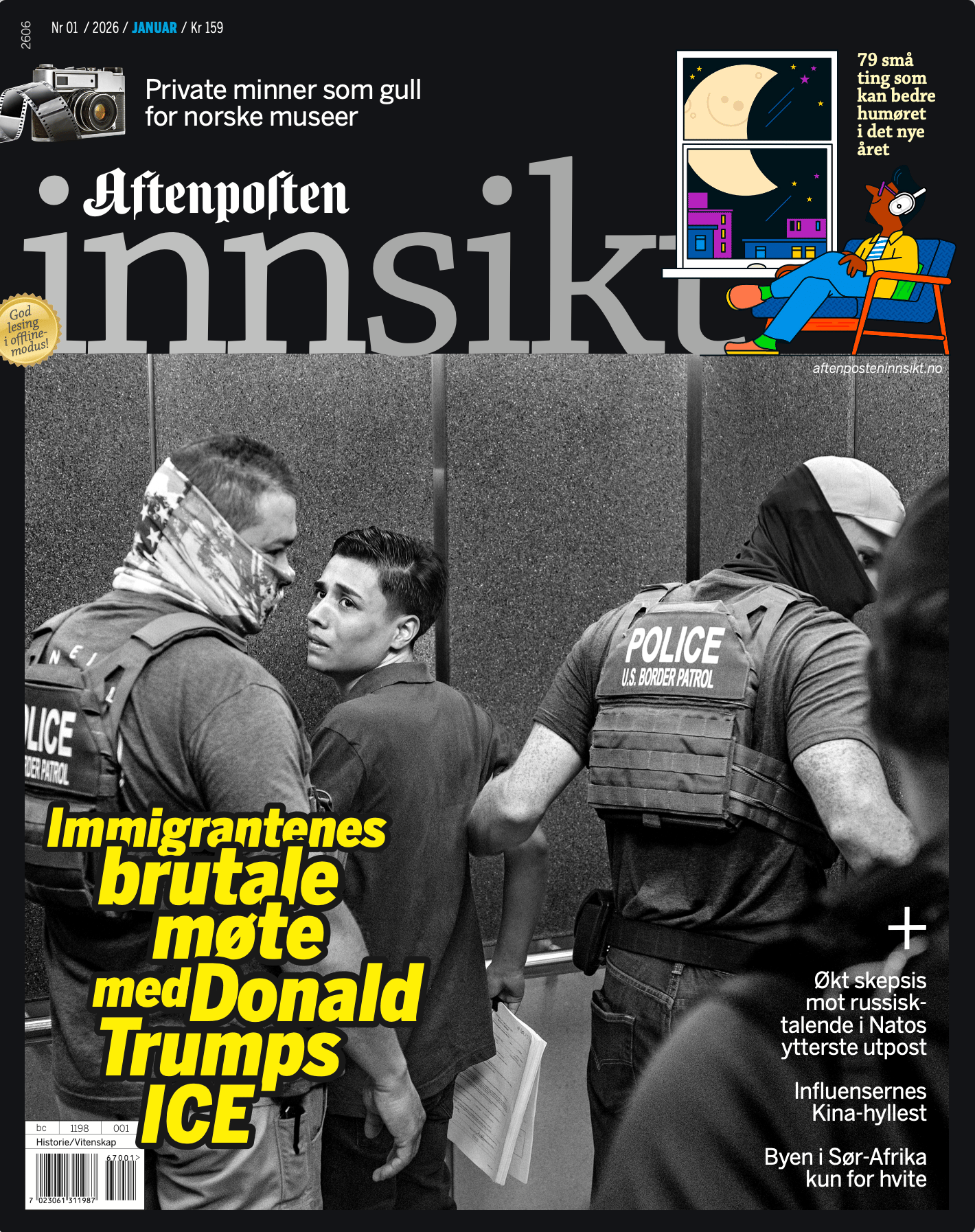 Magazine cover: Distressed young man between border patrol officers, headline on Trump's ICE.