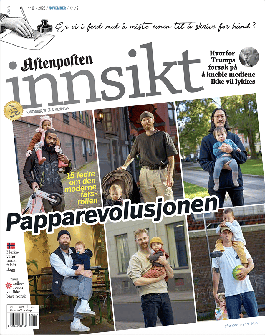 Aftenposten Innsikt cover: "Dad Revolution" with fathers and children. Other topics: handwriting, Trump.