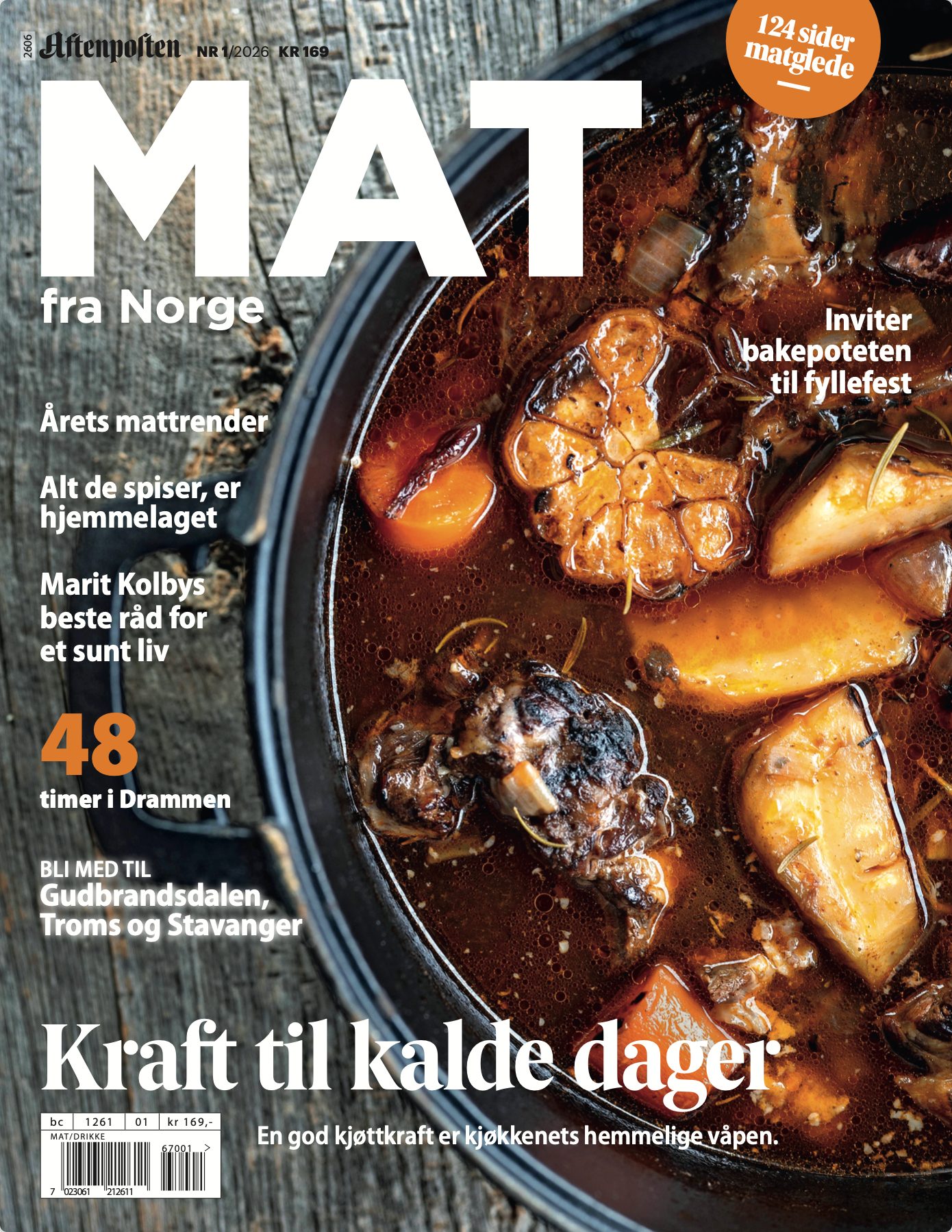 Magazine cover: "MAT fra Norge" with a close-up of a rich, hearty stew.