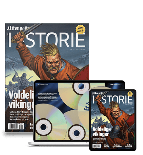 Aftenposten HISTORIE magazine cover with a Viking, a laptop showing CDs, and a tablet.