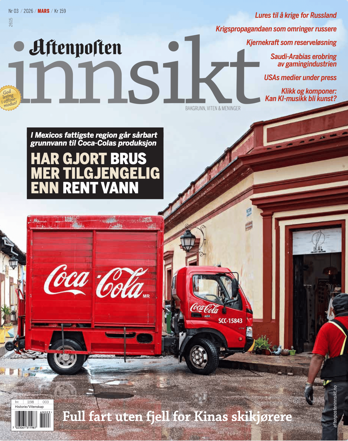 A red Coca-Cola truck on a street, with a headline about water access issues in Mexico.
