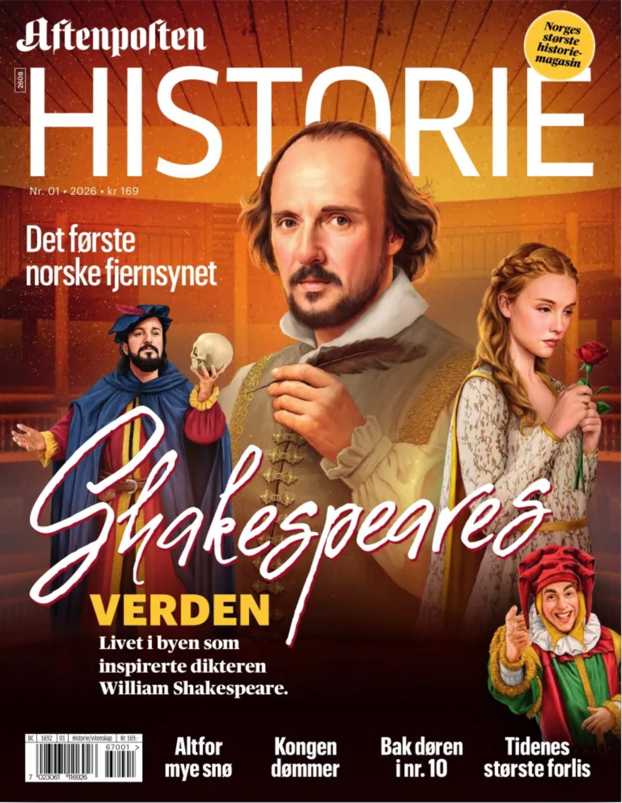 Aftenposten HISTORIE cover: William Shakespeare, Hamlet, Juliet, and a jester.
