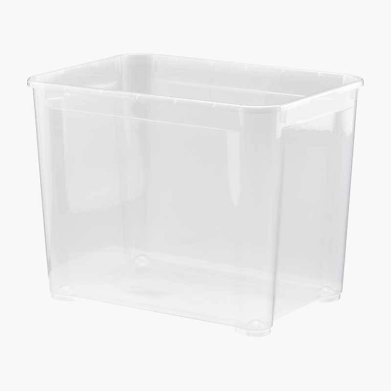 A clear rectangular plastic storage box.