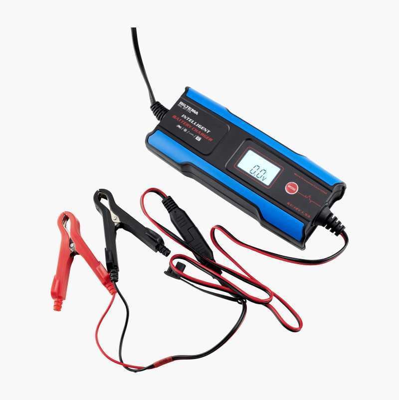 Blue and black intelligent battery charger with a digital display and alligator clips.
