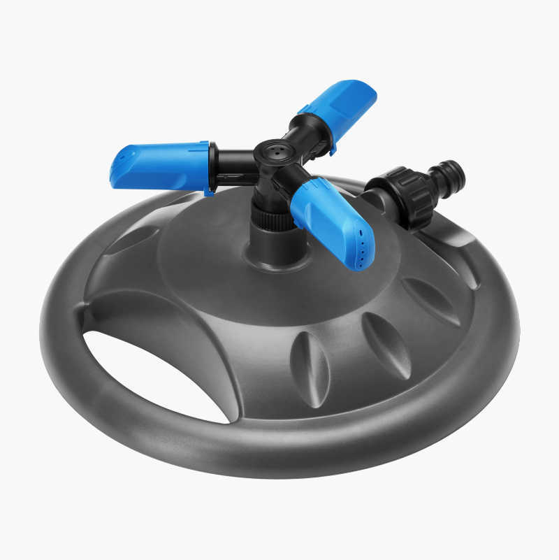 Grey rotating garden sprinkler with three blue nozzles.