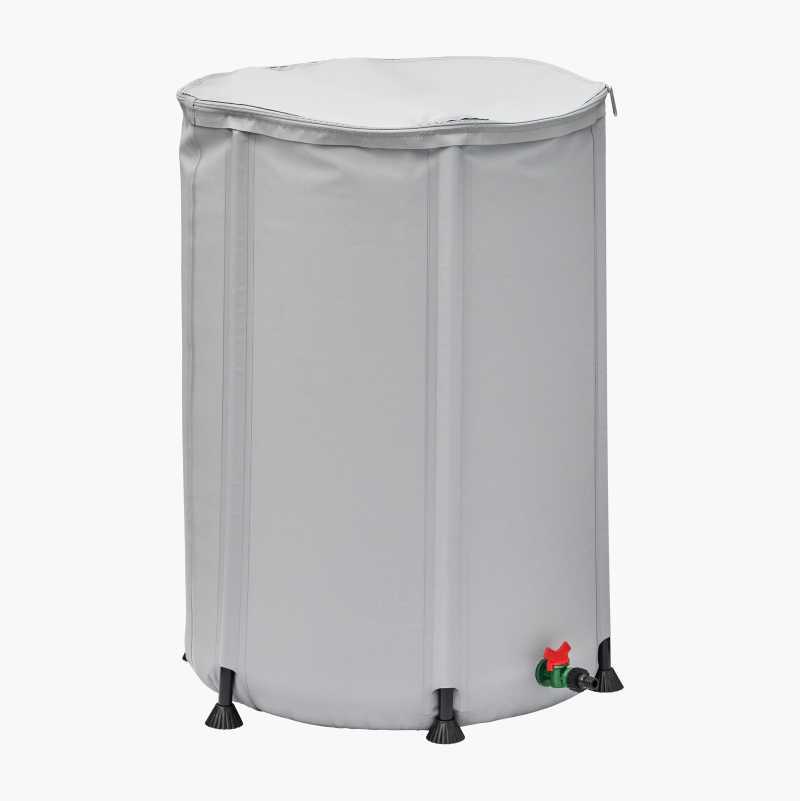 Grey collapsible rain barrel with lid, spigot, and feet.