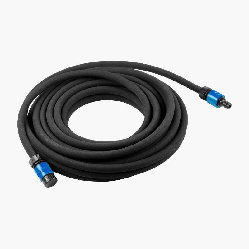Coiled black hose with blue connectors on both ends.