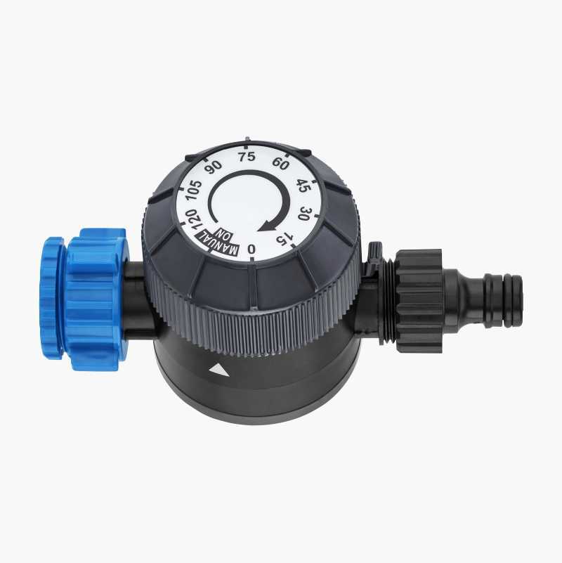 Black and blue hose water timer with a manual setting dial.