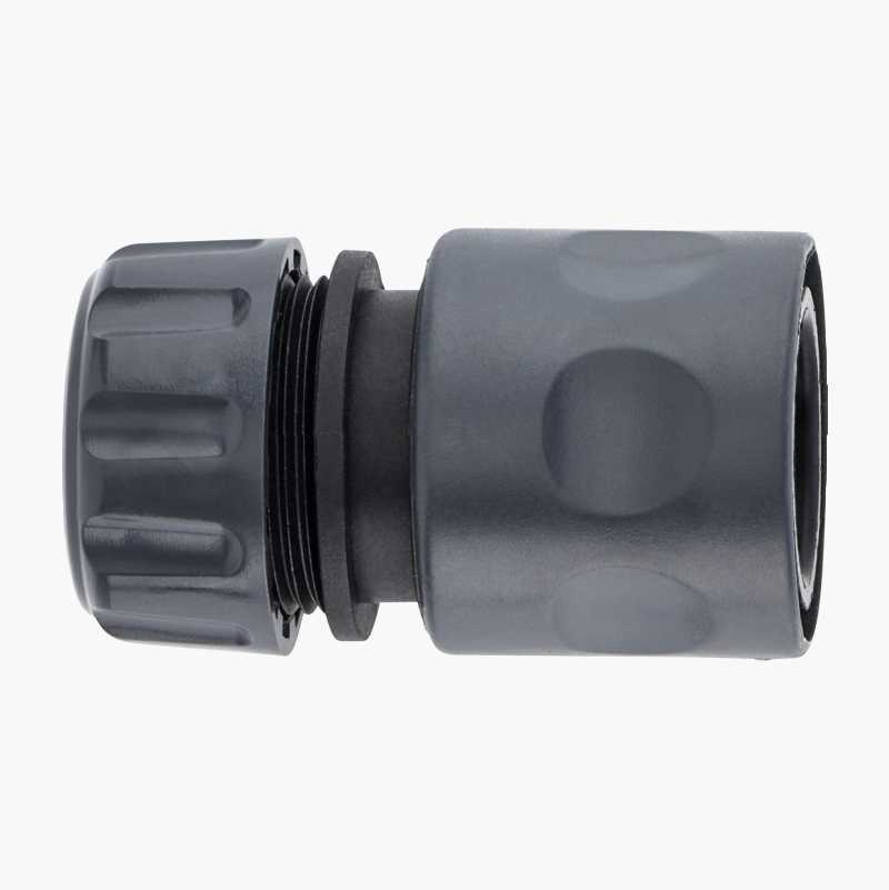 Grey plastic hose connector with threaded and textured ends.