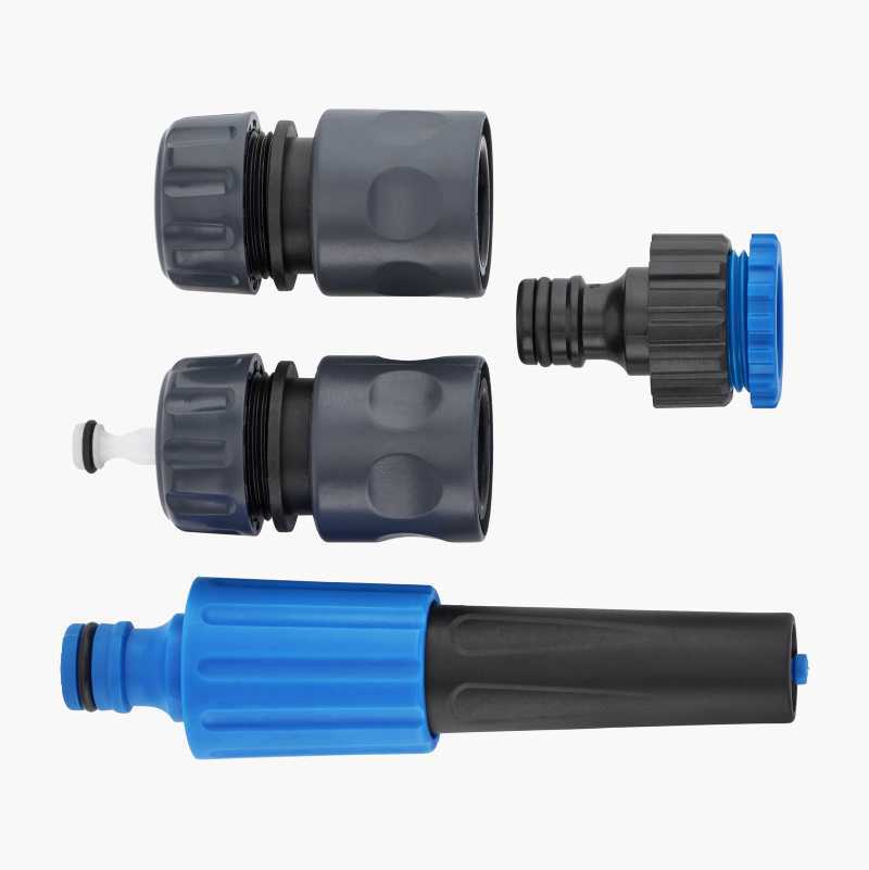 Various garden hose connectors and a spray nozzle.