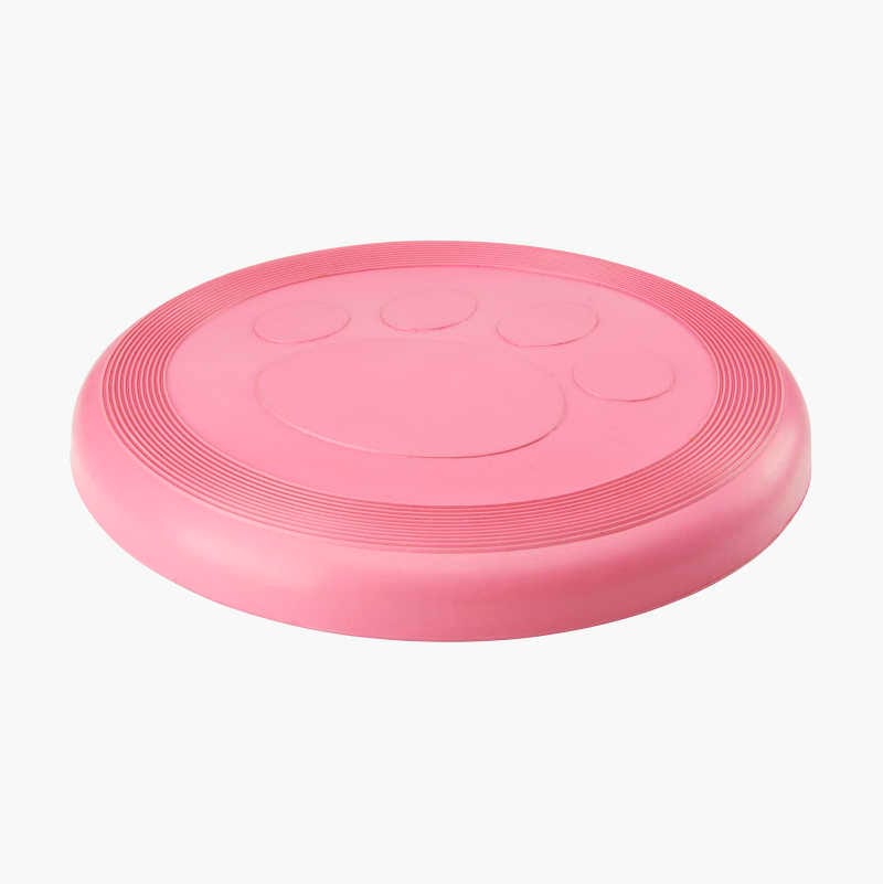 Pink pet frisbee with paw print.