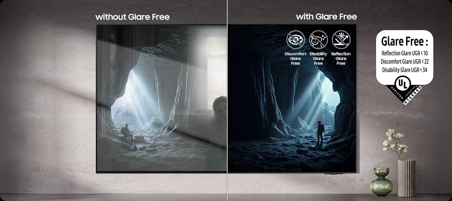 Side-by-side TV comparison: one with severe glare/reflections, one clear with Glare Free technology.
