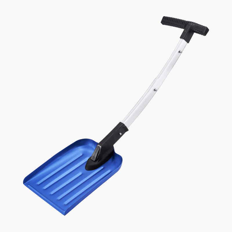 Blue snow shovel with a T-handle.