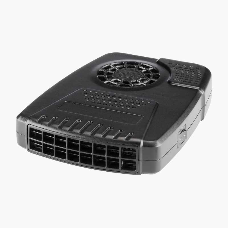 Black portable car heater with a fan and front vents.