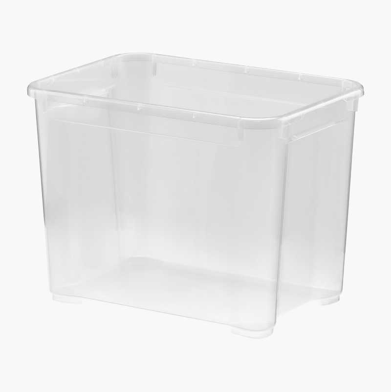 Clear rectangular plastic storage box with a slightly flared rim and small feet.