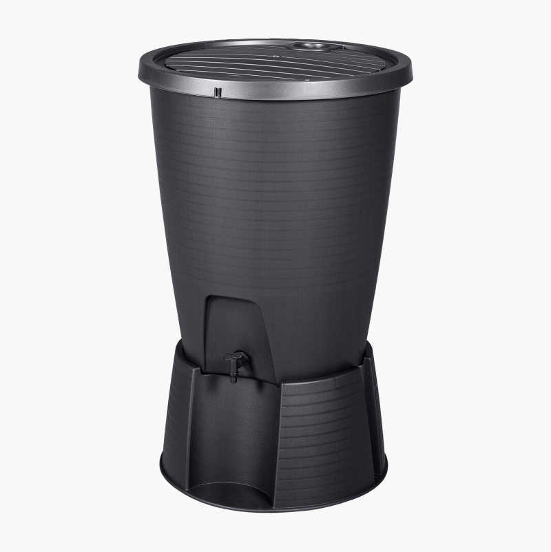 Dark gray rain barrel with grated lid and spigot on a base.