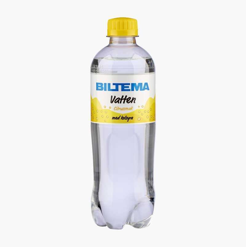A clear plastic bottle of Biltema Vatten, citrus-flavored sparkling water, with a yellow cap.