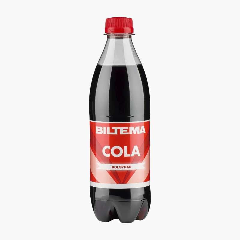 Biltema Cola bottle with a red label and cap.