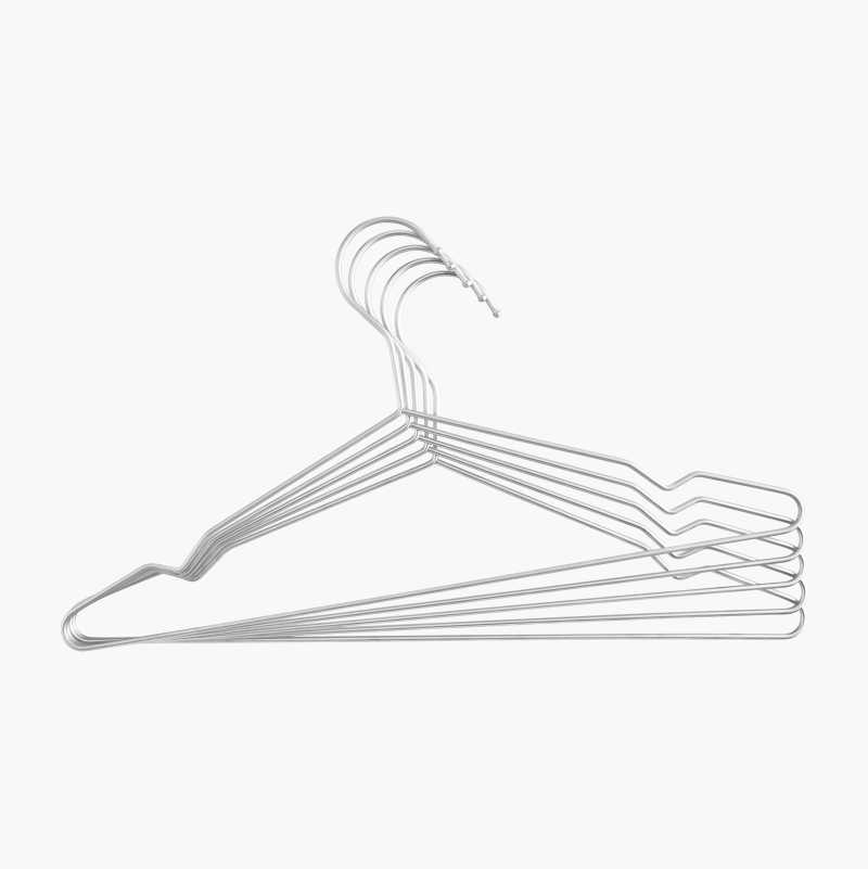 Several thin silver wire clothes hangers stacked together on a white background.