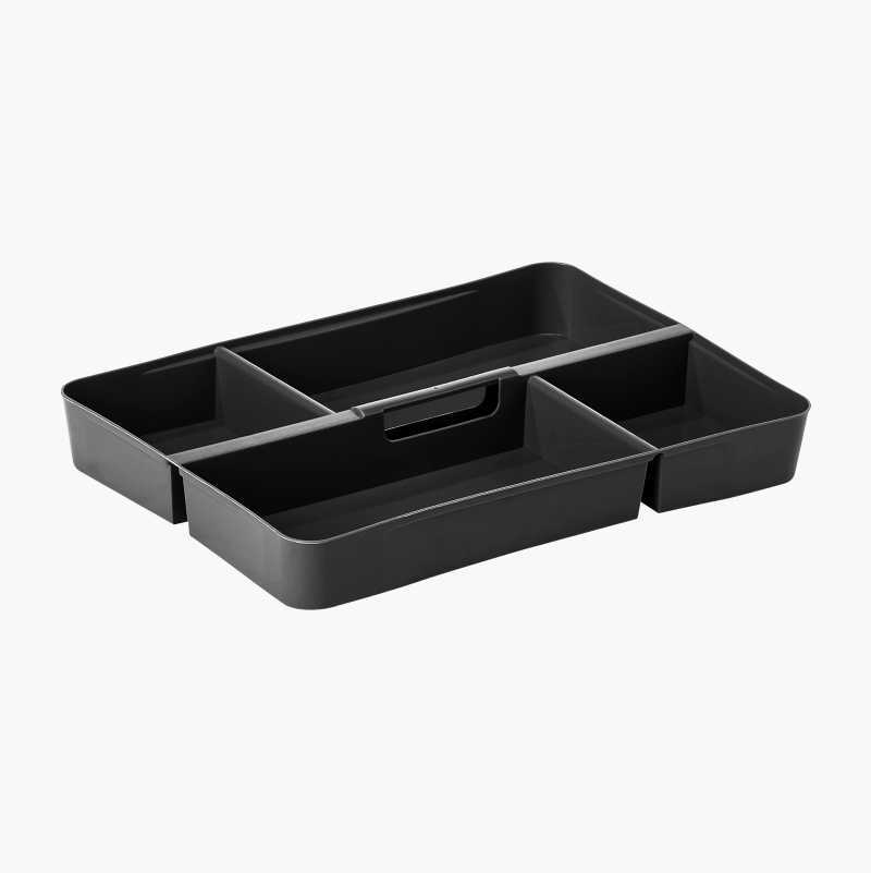 Black multi-compartment plastic organizer with a handle.