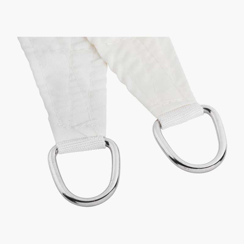White fabric straps with metal D-rings.