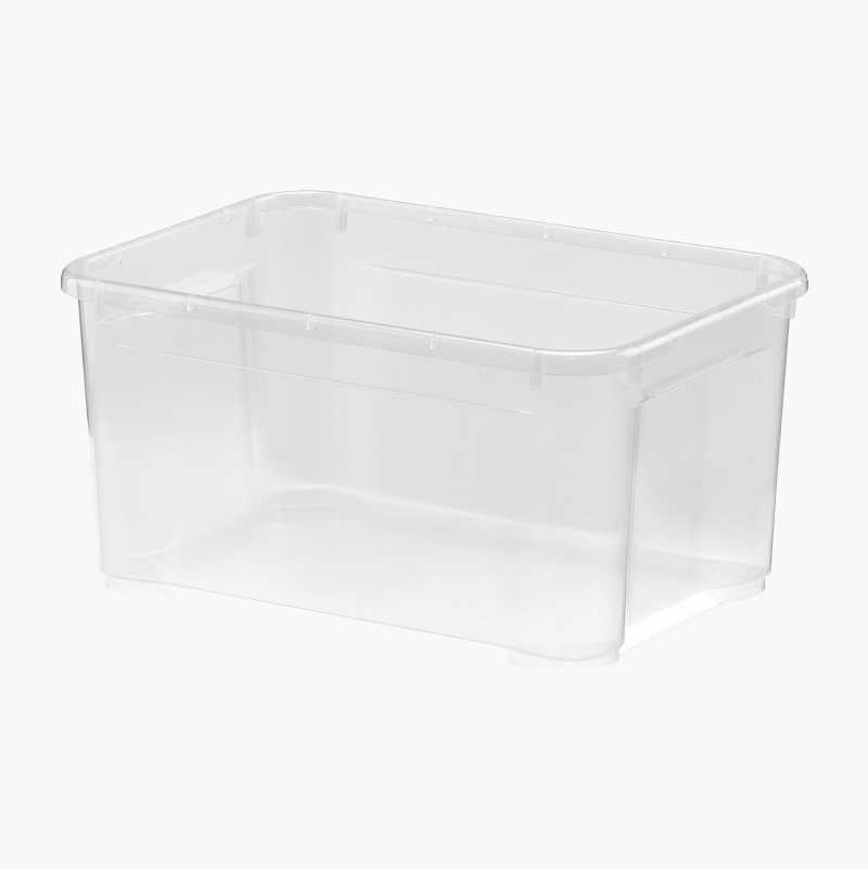A clear plastic rectangular storage box.