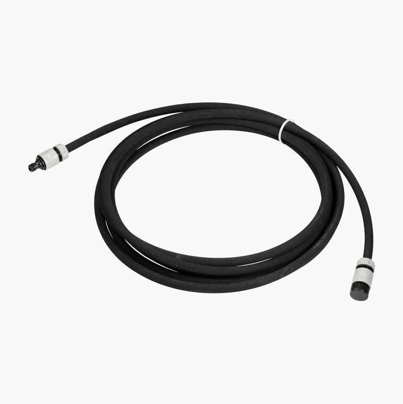 Black coiled cable with silver and black connectors.