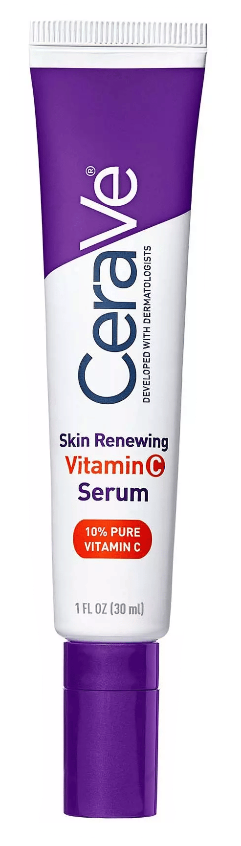 CeraVe Skin Renewing Vitamin C Serum (10% Pure Vitamin C) in a purple and white tube.