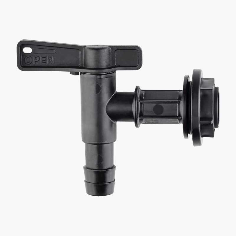 A black plastic spigot with "OPEN" on its handle, featuring a hose barb and a threaded connection.