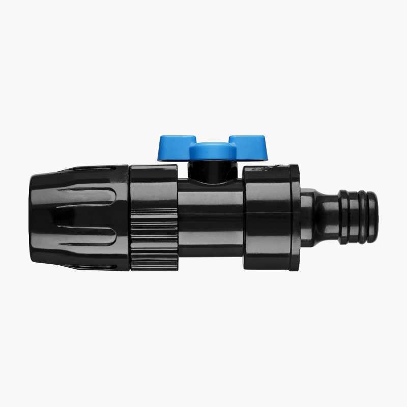 Black plastic hose connector with blue valve.