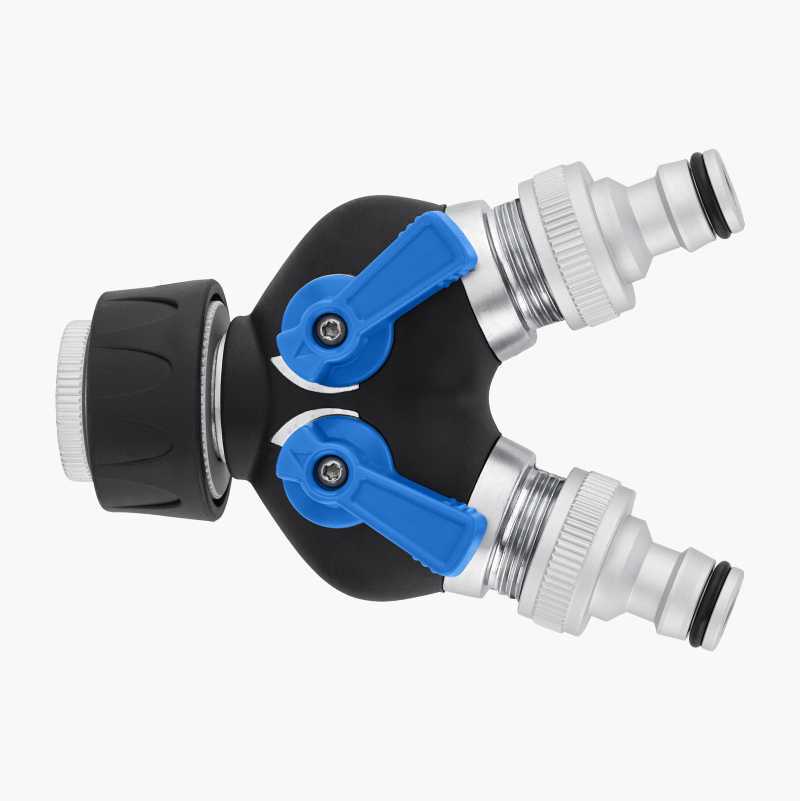 Black Y-shaped hose splitter with two blue valves and silver quick connectors.