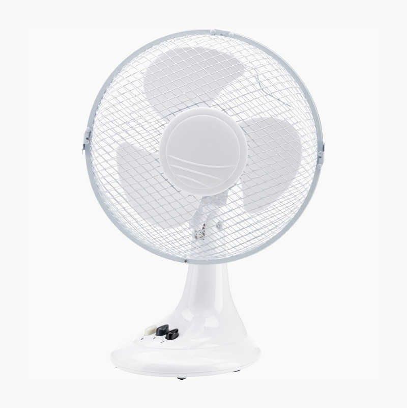 White desk fan with grille and control knobs.