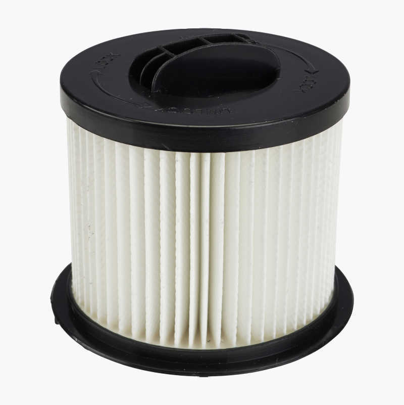 White pleated cylindrical vacuum filter with black plastic caps.