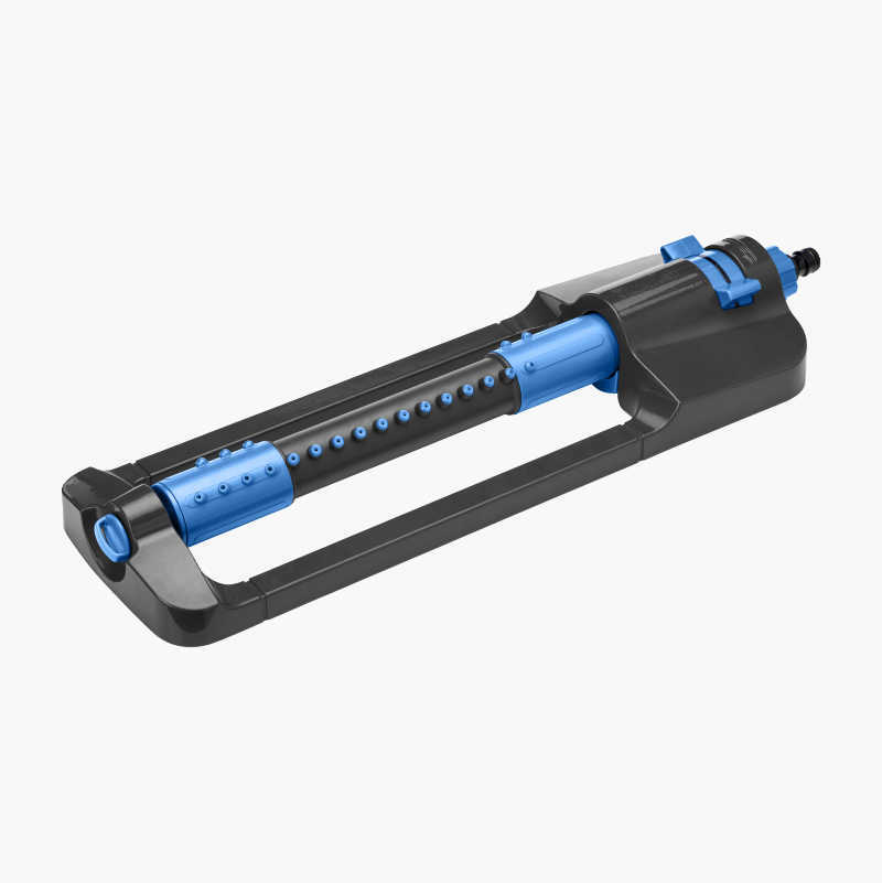 Black and blue oscillating lawn sprinkler.