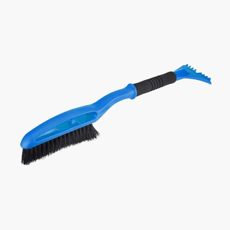 Blue and black snow brush with ice scraper.