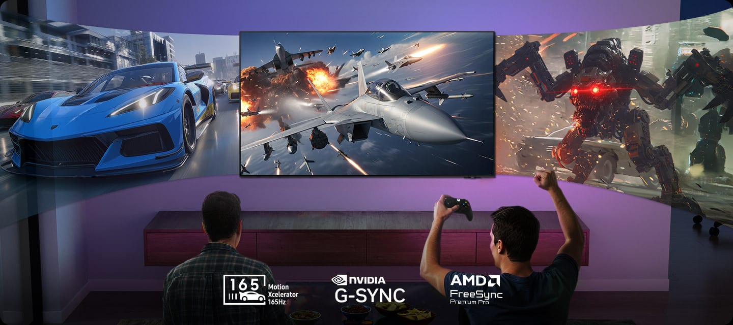 Two gamers play action games on a large TV, G-SYNC, FreeSync logos visible.