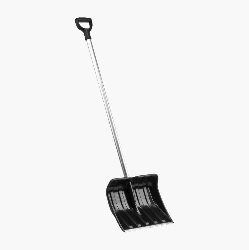 A black snow shovel with a silver handle and D-grip.