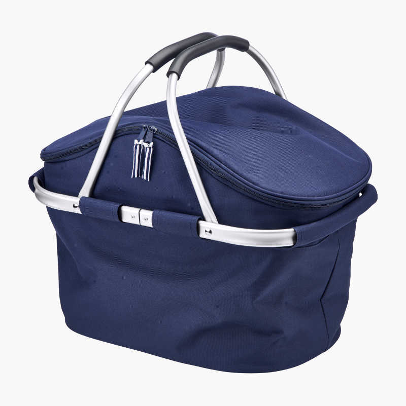 Navy blue collapsible cooler bag with aluminum handles.