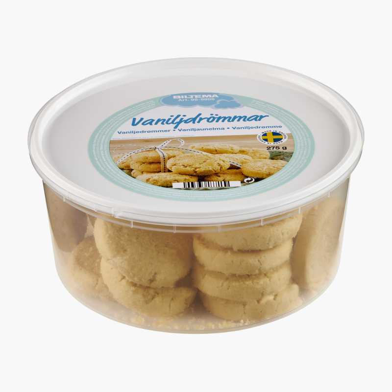 Clear plastic tub of Biltema 'Vaniljdrömmar' (vanilla dream) cookies (275g) with a white and blue label.